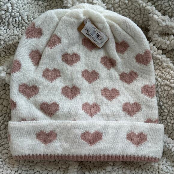 New! Women’s White Mauve Heart Knit Beanie (K0086) - Picture 3 of 8